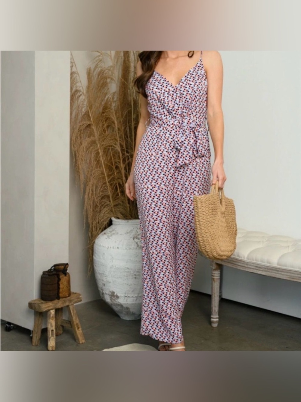 NWT Ambition Pink & Blue Printed Spaghetti-Strap Jumpsuit size Medium🌟🌸😎 - Picture 2 of 6